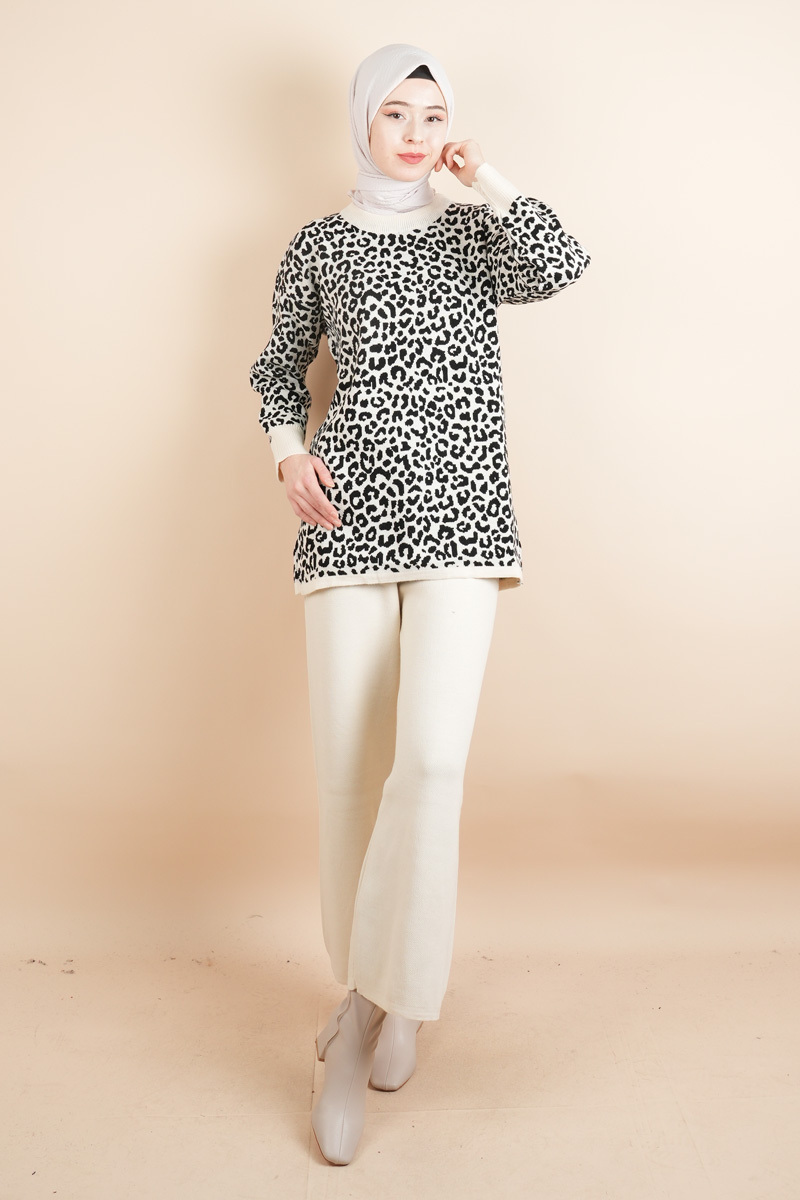 Tesettür Triko 2 Li Takım - Leopar Desenli Takım Beyaz - 1