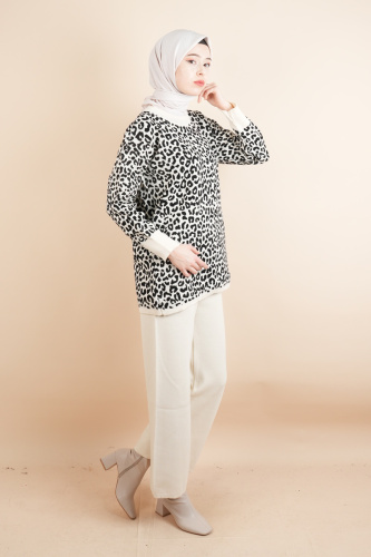Tesettür Triko 2 Li Takım - Leopar Desenli Takım Beyaz - 2