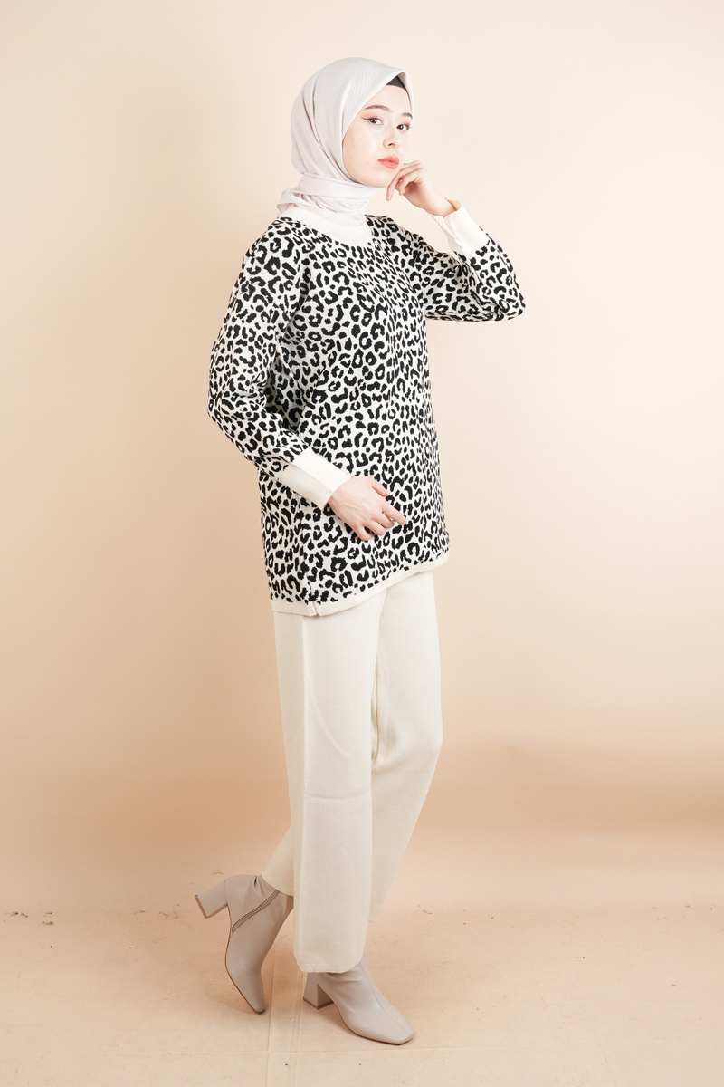 Tesettür Triko 2 Li Takım - Leopar Desenli Takım Beyaz - 2
