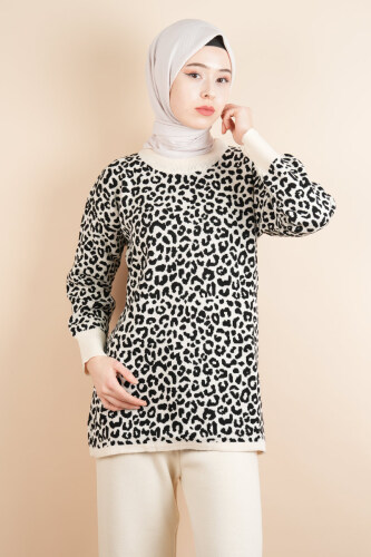 Tesettür Triko 2 Li Takım - Leopar Desenli Takım Beyaz - 4