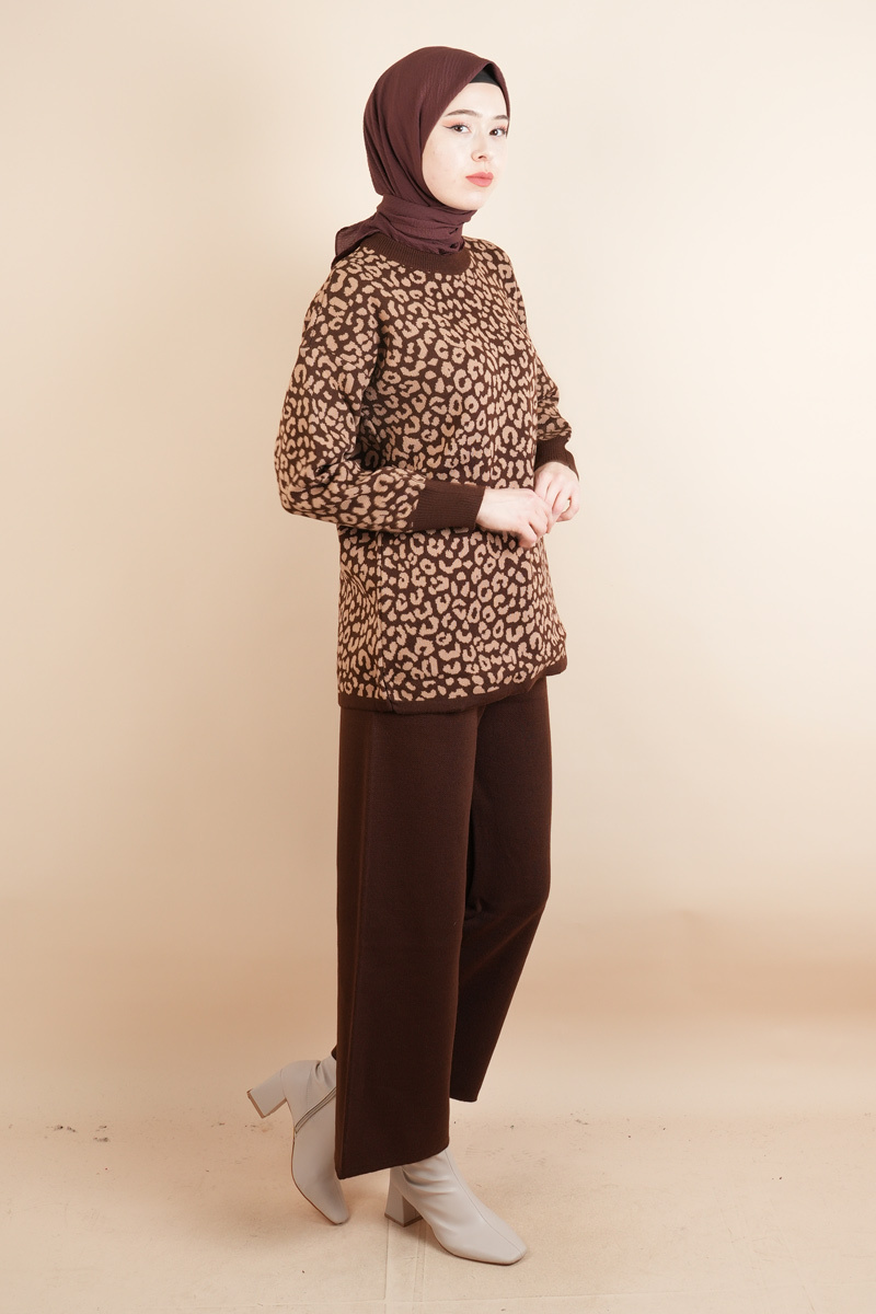 Tesettür Triko 2 Li Takım - Leopar Desenli Takım Kahverengi - 2