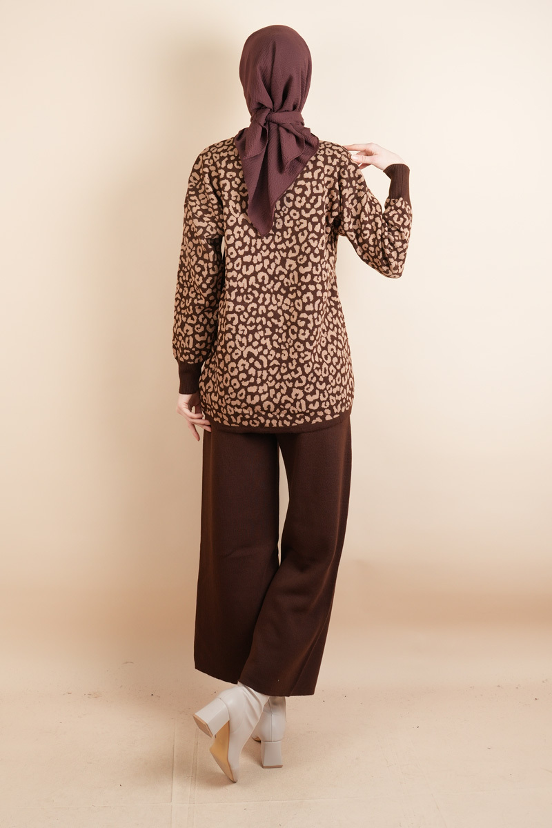 Tesettür Triko 2 Li Takım - Leopar Desenli Takım Kahverengi - 3