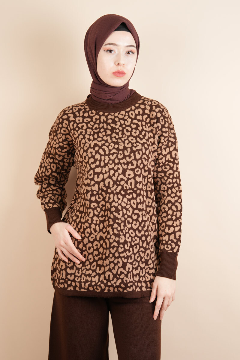 Tesettür Triko 2 Li Takım - Leopar Desenli Takım Kahverengi - 4
