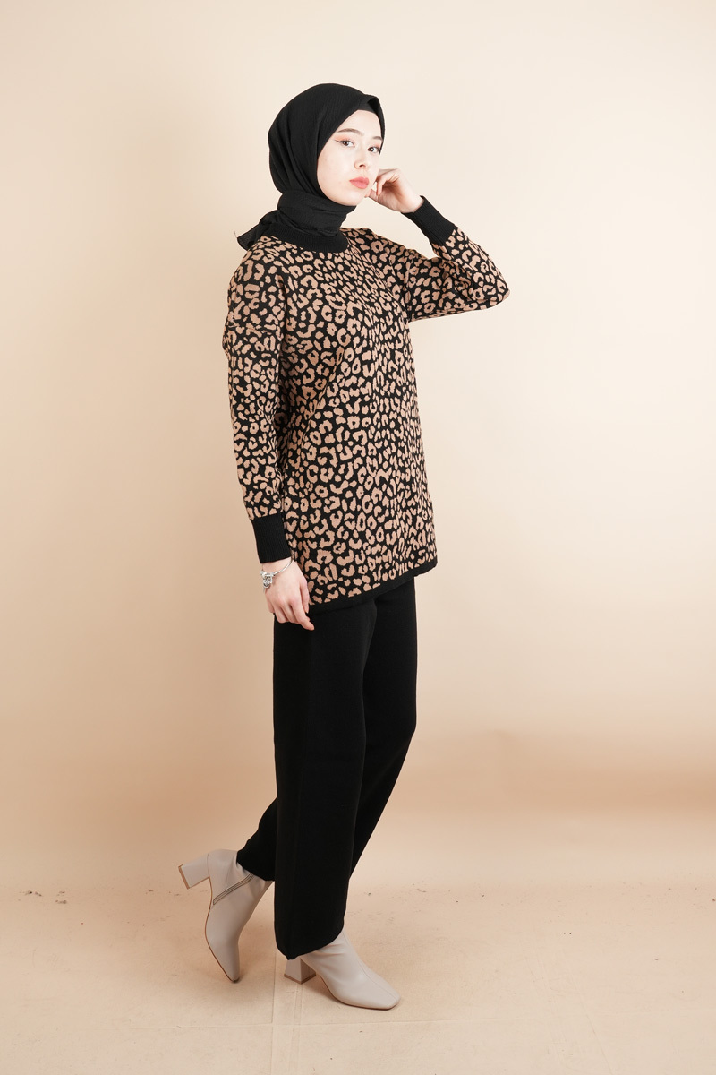 Tesettür Triko 2 Li Takım - Leopar Desenli Takım Siyah - 2