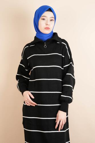 Tesettür Triko Elbise Geniş Çizgi Detaylı Yarım Fermuarlı Elbise Siyah - 4