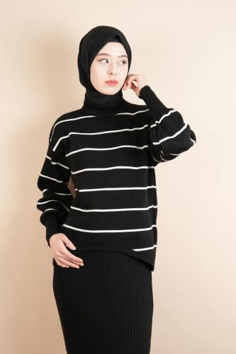 Tesettür Triko Elbise Üst Çizgi Detaylı Boydan Elbise Siyah - 3