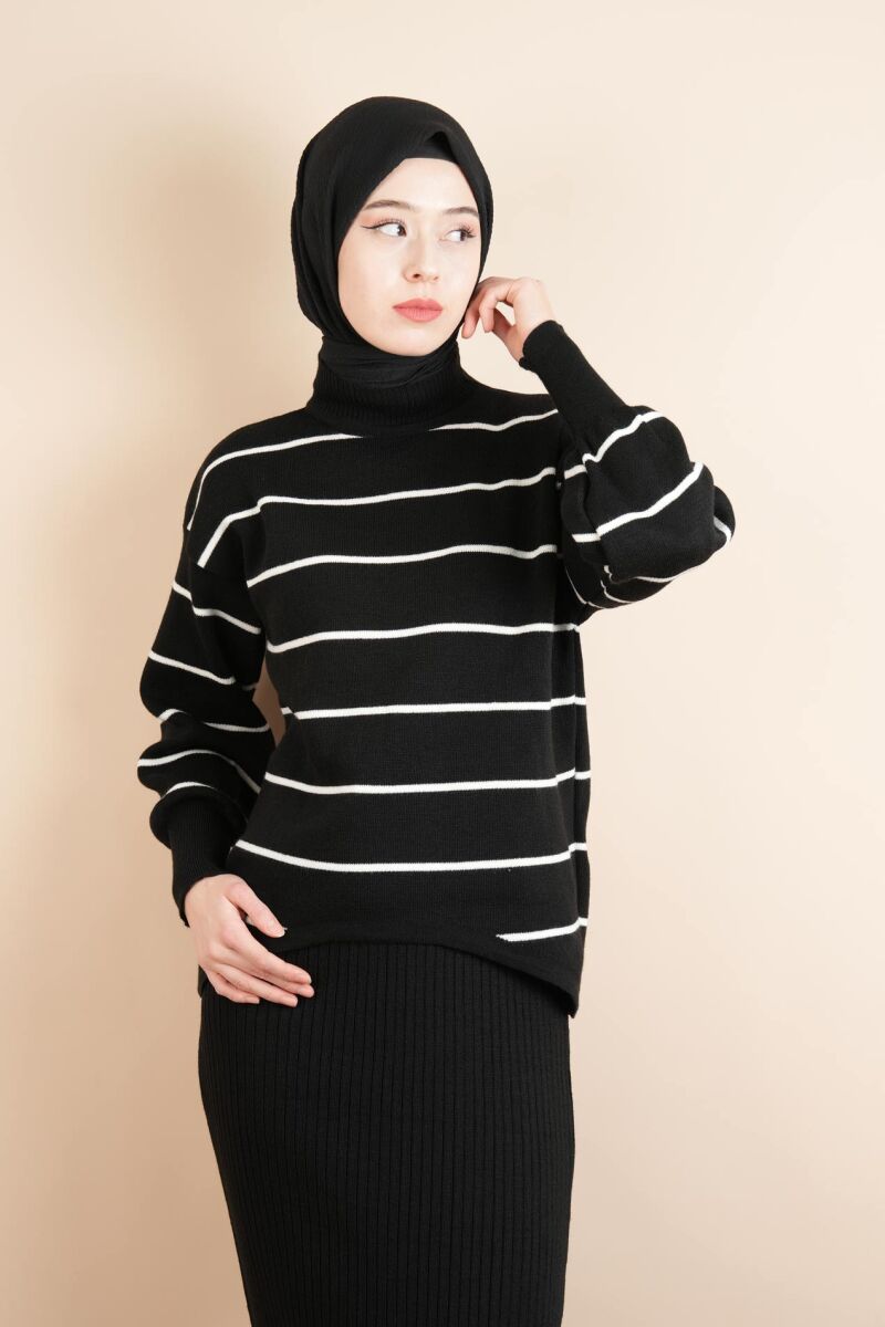 Tesettür Triko Elbise Üst Çizgi Detaylı Boydan Elbise Siyah - 3
