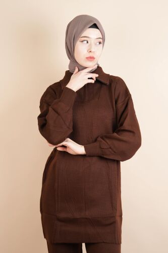 Tesettür Triko Takım Basic Sade Yarım Fermuarlı Triko İkili Takım Kahverengi - 4