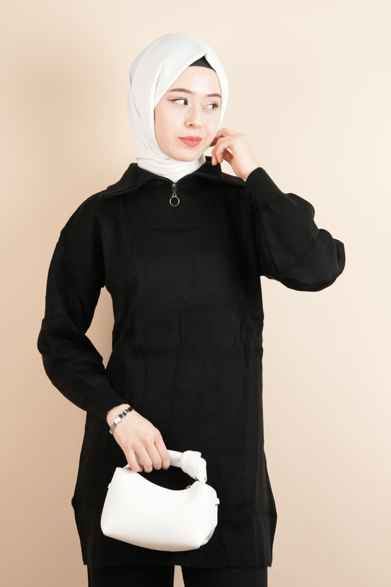 Tesettür Triko Takım Basic Sade Yarım Fermuarlı Triko İkili Takım Siyah - 4