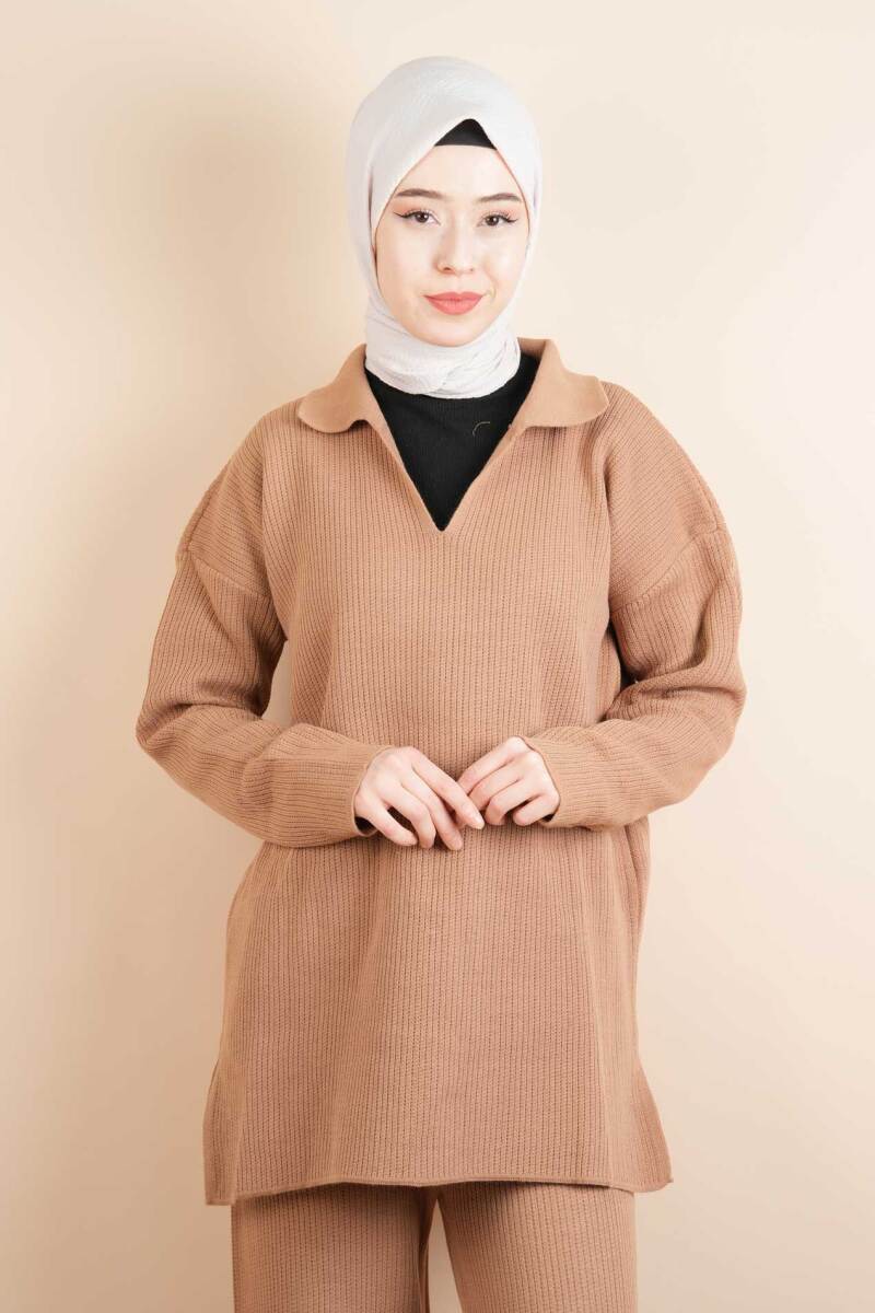 Tesettür Triko Takım V Yaka Yakalı Triko İkili Takım Bej - 4