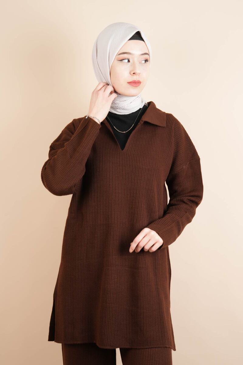 Tesettür Triko Takım V Yaka Yakalı Triko İkili Takım Kahverengi - 4