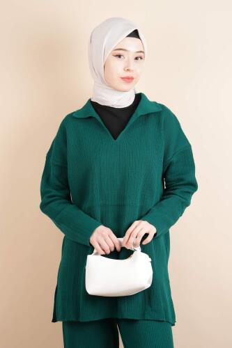 Tesettür Triko Takım V Yaka Yakalı Triko İkili Takım Petrol Yeşil - 4