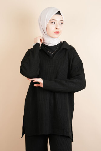 Tesettür Triko Takım V Yaka Yakalı Triko İkili Takım Siyah - 4