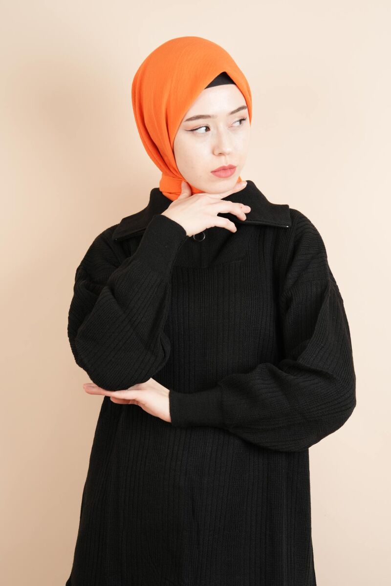 Tesettür Triko Takım Yarım Fermuarlı Kendinden Çizgili Triko İkili Takım Siyah - 4