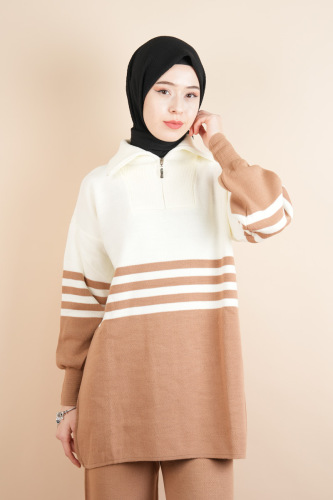 Tesettür Triko Takım - Yarım Fermuarlı Pantolon Takım Bej - 4
