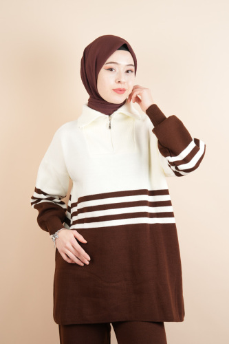 Tesettür Triko Takım - Yarım Fermuarlı Pantolon Takım Kahverengi - 4