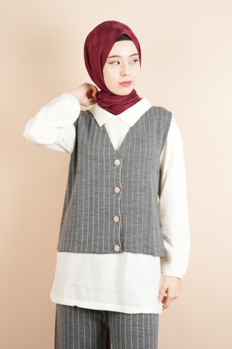 Tesettür Triko Takım - Yelek Düğmeli Pantolon Takım Gri - 3