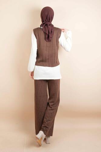 Tesettür Triko Takım - Yelek Düğmeli Pantolon Takım Kahverengi - 3