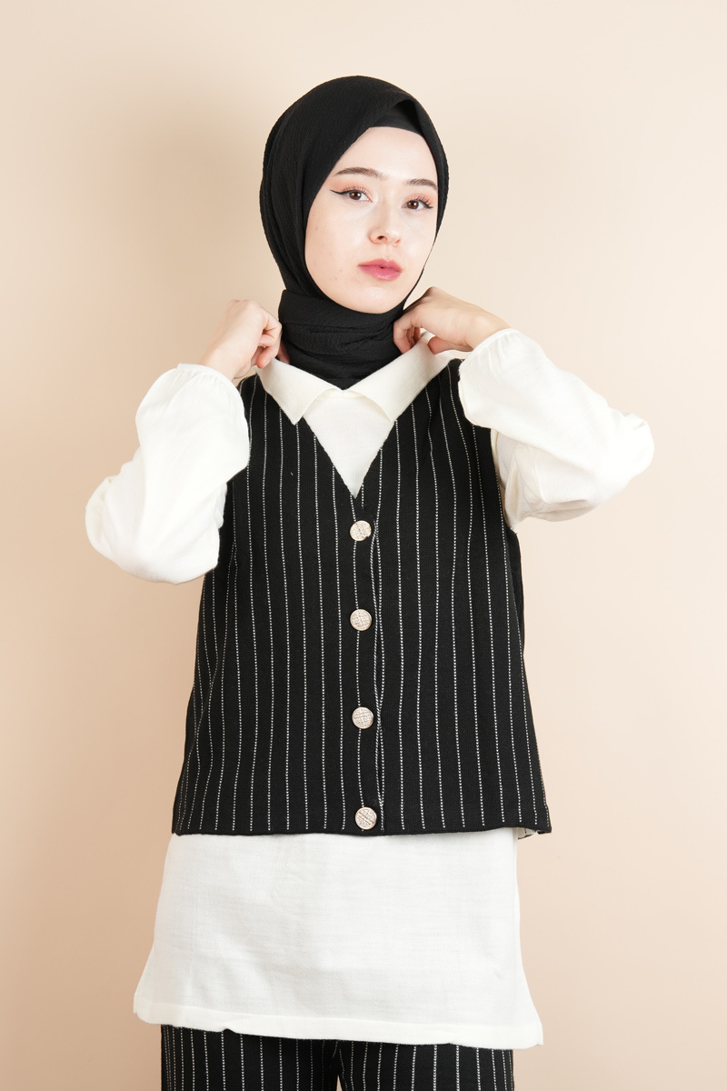 Tesettür Triko Takım - Yelek Düğmeli Pantolon Takım Siyah - 4
