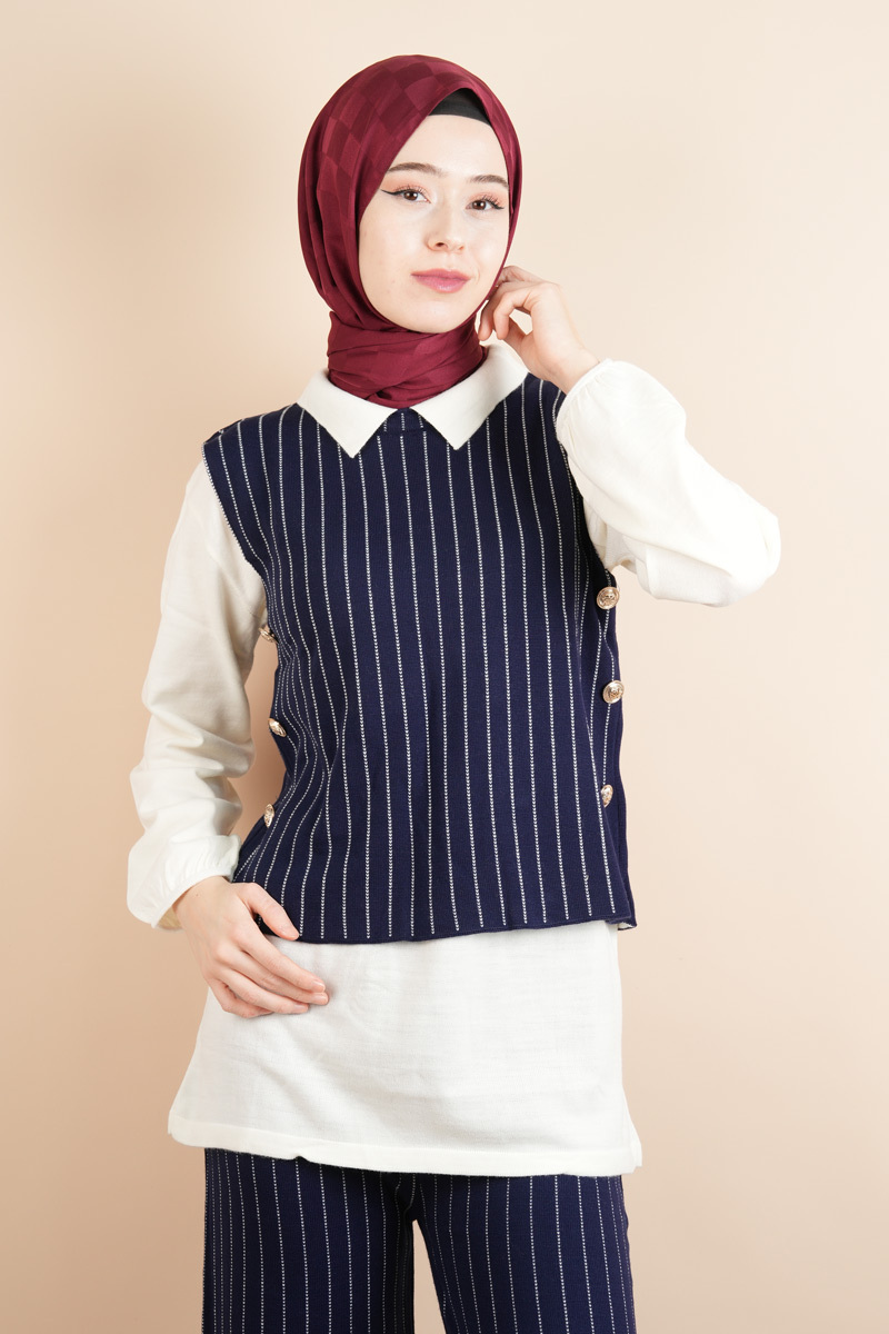 Tesettür Triko Takım - Yelekli Pantolon Takım Lacivert - 4