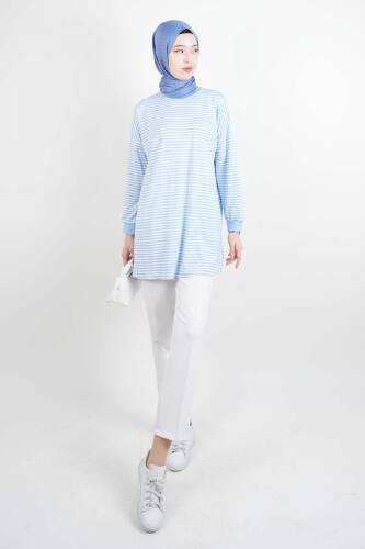 Tesettür Tunik İnce Çizgili Penye Tunik Açık Mavi - 03Kız Kulesi Teks (1)