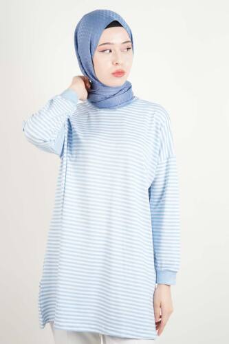 Tesettür Tunik İnce Çizgili Penye Tunik Açık Mavi - 03Kız Kulesi Teks