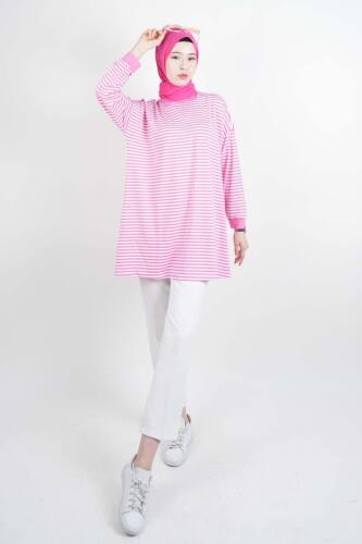 Tesettür Tunik İnce Çizgili Penye Tunik Açık Pembe - 2