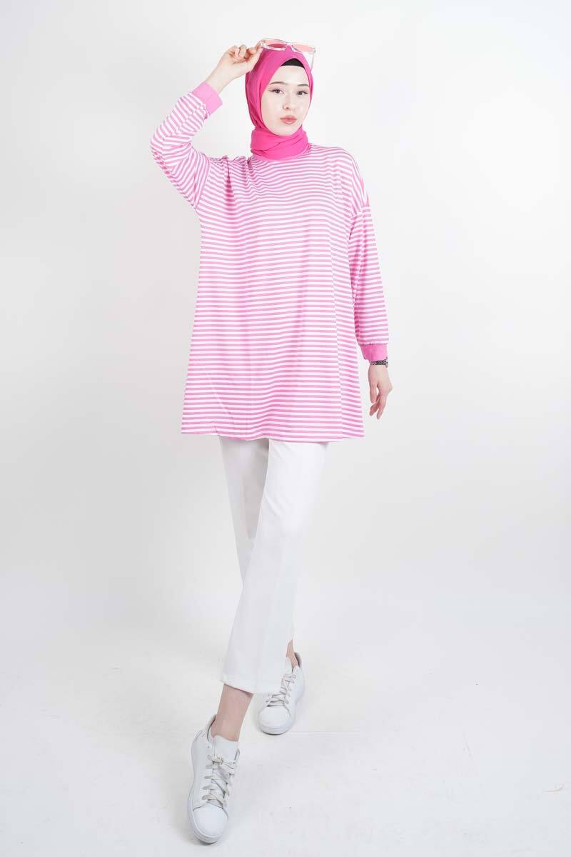 Tesettür Tunik İnce Çizgili Penye Tunik Açık Pembe - 2