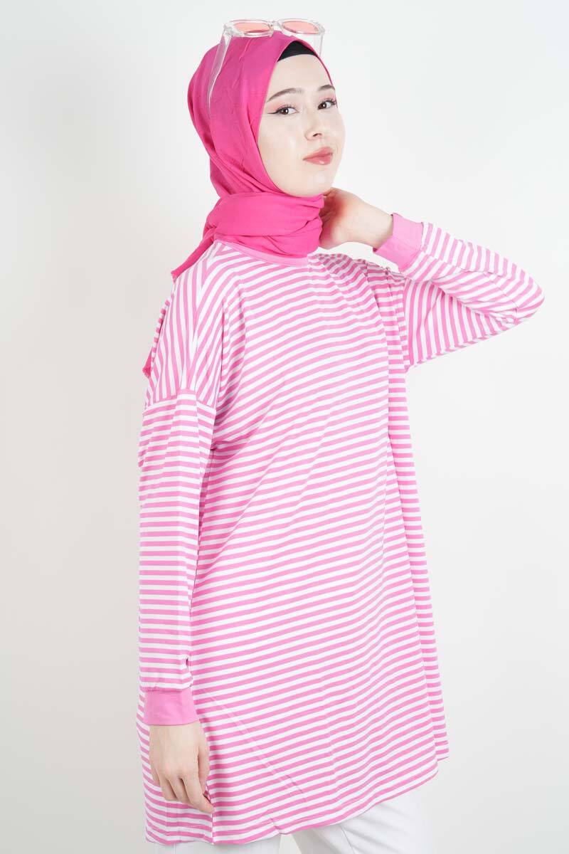 Tesettür Tunik İnce Çizgili Penye Tunik Açık Pembe - 3