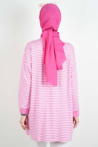 Tesettür Tunik İnce Çizgili Penye Tunik Açık Pembe - 4