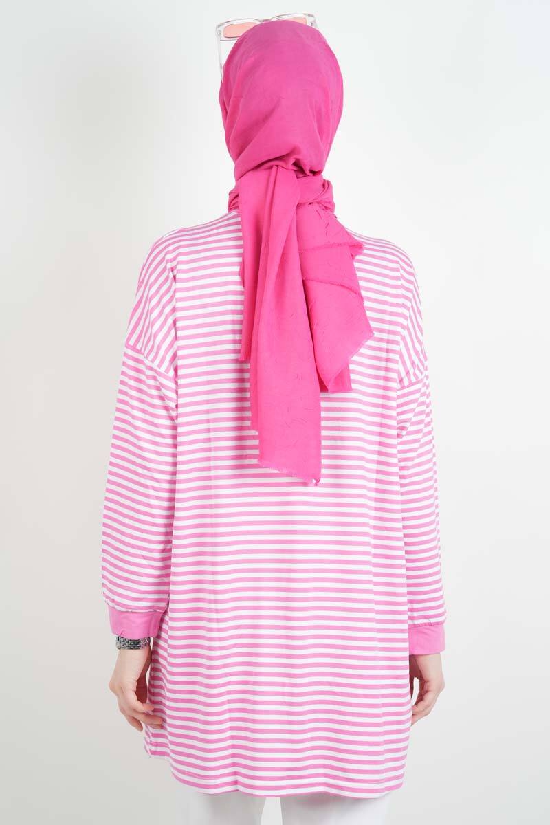 Tesettür Tunik İnce Çizgili Penye Tunik Açık Pembe - 4