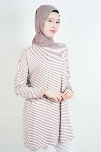Tesettür Tunik İnce Çizgili Penye Tunik Bej - 3