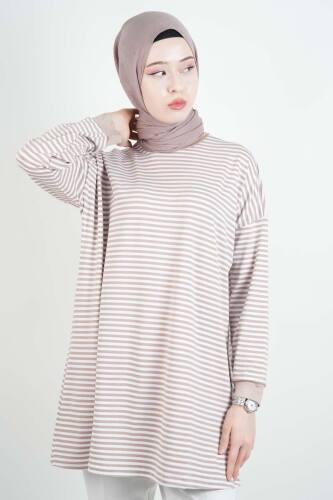 Tesettür Tunik İnce Çizgili Penye Tunik Bej 