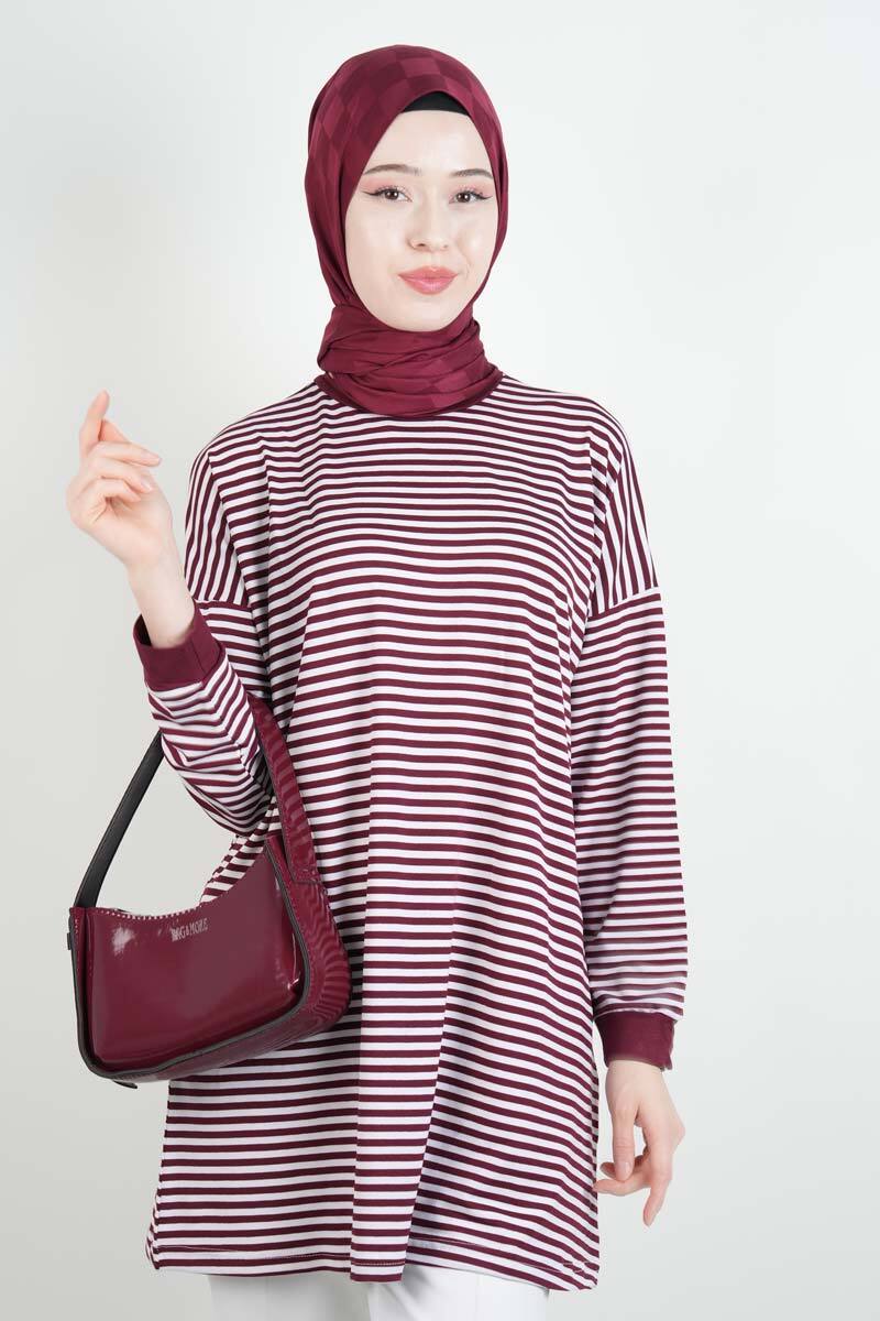 Tesettür Tunik İnce Çizgili Penye Tunik Bordo - 1