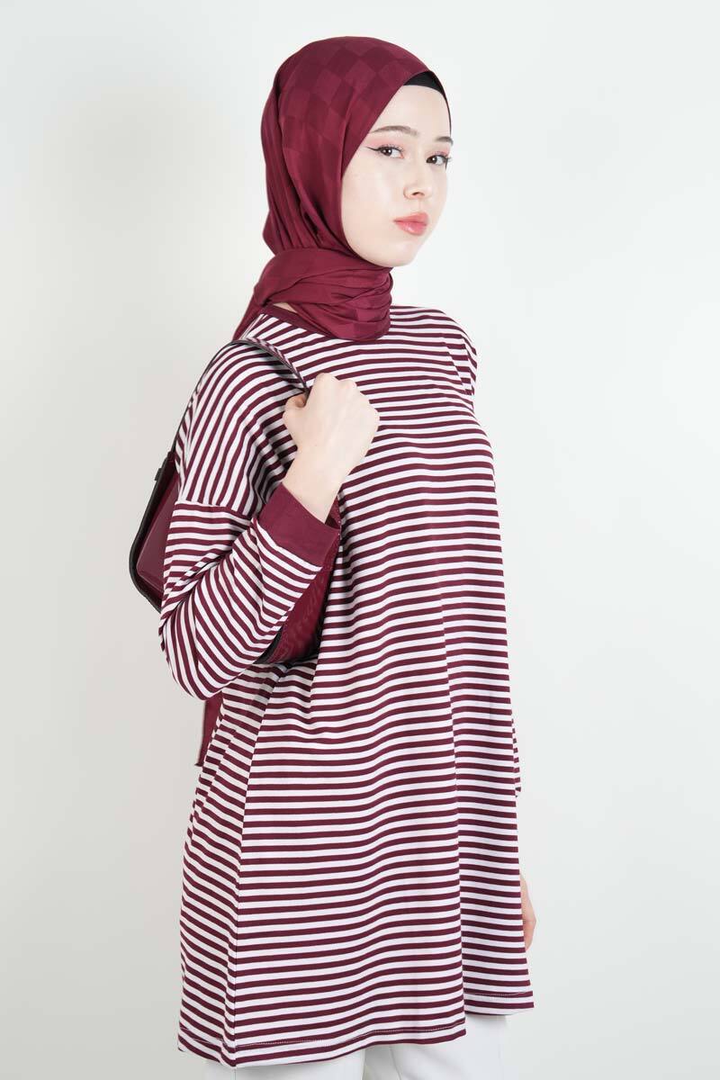 Tesettür Tunik İnce Çizgili Penye Tunik Bordo - 3
