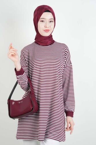 Tesettür Tunik İnce Çizgili Penye Tunik Bordo 
