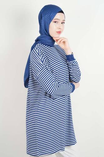 Tesettür Tunik İnce Çizgili Penye Tunik İndigo Mavi - 3