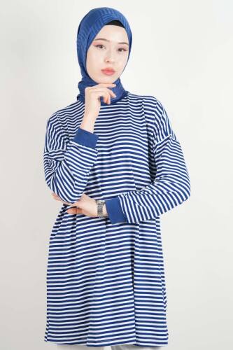 Tesettür Tunik İnce Çizgili Penye Tunik İndigo Mavi 