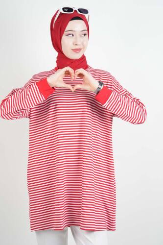 Tesettür Tunik İnce Çizgili Penye Tunik Kırmızı - 03Kız Kulesi Teks