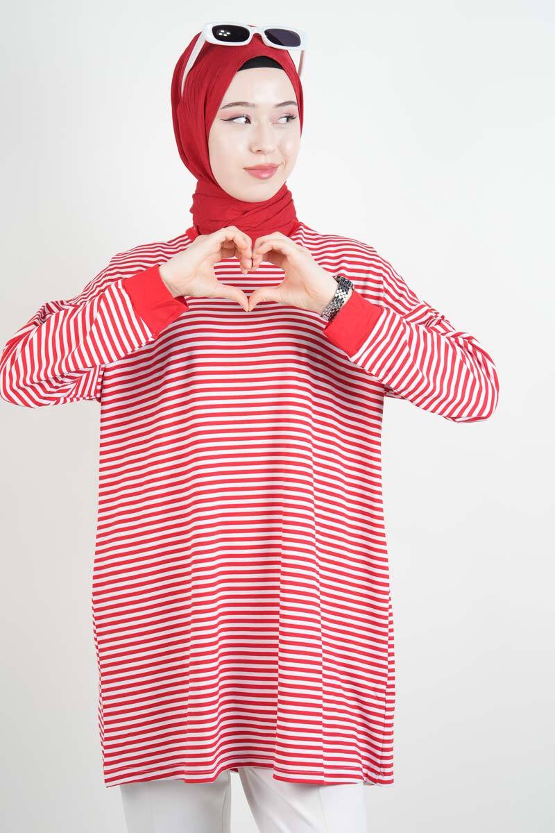 Tesettür Tunik İnce Çizgili Penye Tunik Kırmızı - 1