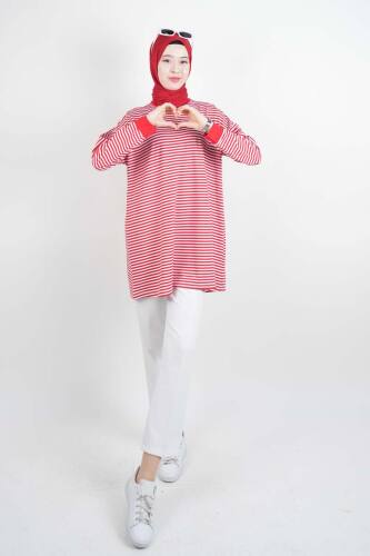 Tesettür Tunik İnce Çizgili Penye Tunik Kırmızı - 03Kız Kulesi Teks (1)