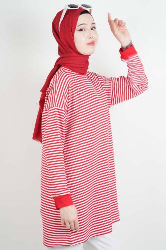Tesettür Tunik İnce Çizgili Penye Tunik Kırmızı - 3