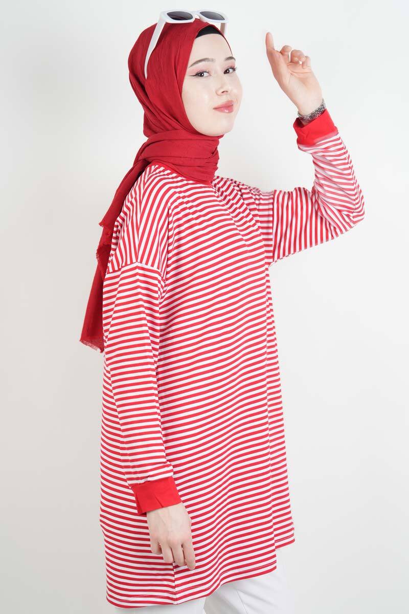 Tesettür Tunik İnce Çizgili Penye Tunik Kırmızı - 3