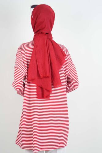 Tesettür Tunik İnce Çizgili Penye Tunik Kırmızı - 4