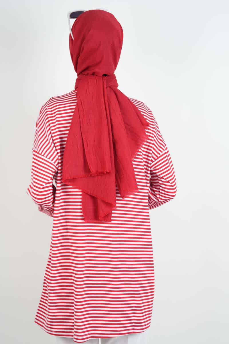 Tesettür Tunik İnce Çizgili Penye Tunik Kırmızı - 4