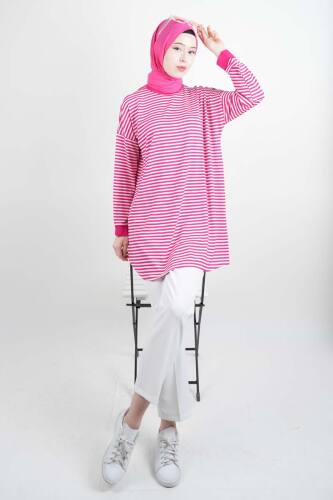 Tesettür Tunik İnce Çizgili Penye Tunik Koyu Pembe - 2