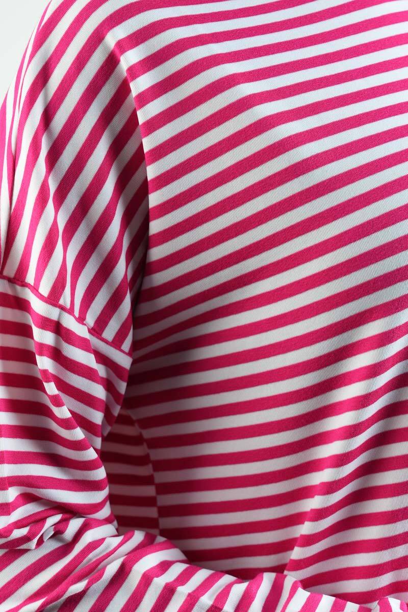 Tesettür Tunik İnce Çizgili Penye Tunik Koyu Pembe - 5