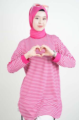 Tesettür Tunik İnce Çizgili Penye Tunik Koyu Pembe - 03Kız Kulesi Teks