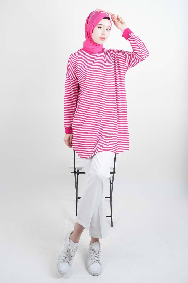 Tesettür Tunik İnce Çizgili Penye Tunik Koyu Pembe - 2