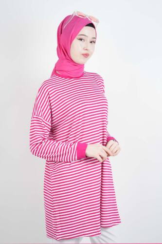 Tesettür Tunik İnce Çizgili Penye Tunik Koyu Pembe - 3